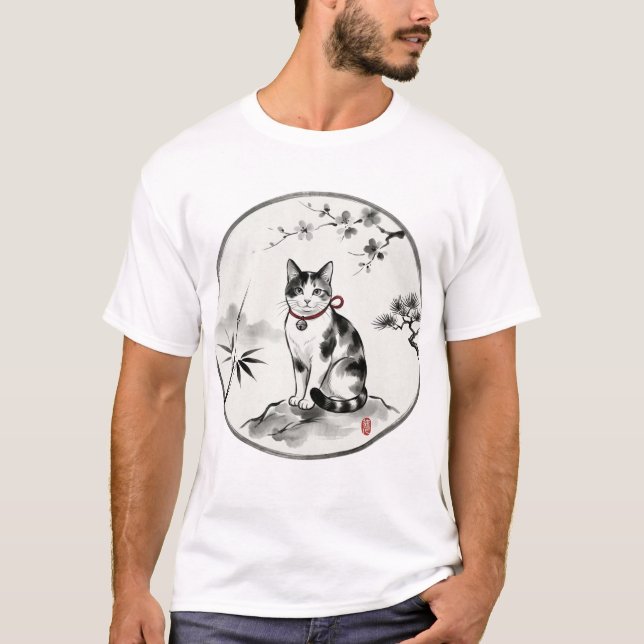T-shirt Zen Sumi-e Style Ink Wash Cat Art (Devant)