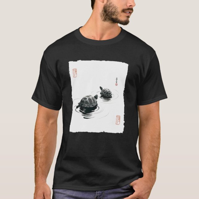 T-shirt Zen Turtles Japanese Sumi-e Ink Wash Painting Harm (Devant)