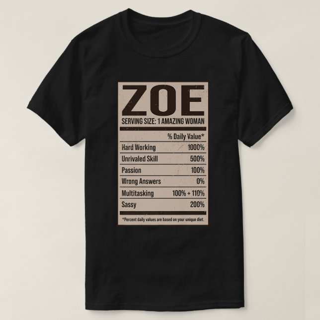 T-shirt Zoe Nutrition Facts Nom Pseudo Alias Titre Frie (Design devant)