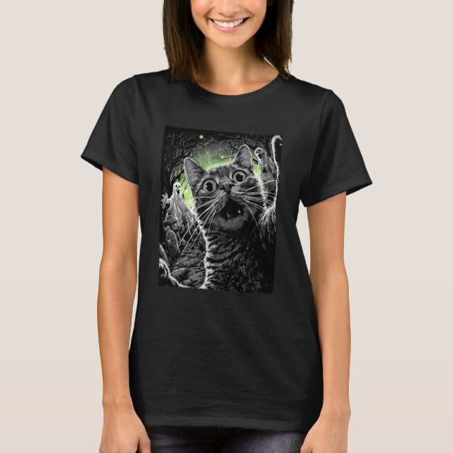 T-shirt Zombie Cat Selfie Funny Scary Halloween Cemetery G (Devant)