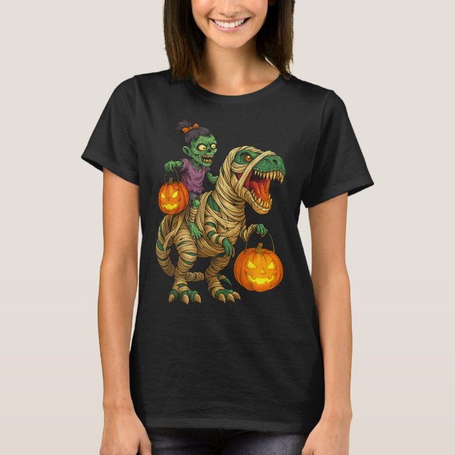 T-shirt Zombie Girl Riding maman T Rex Halloween Kids Tri (Devant)