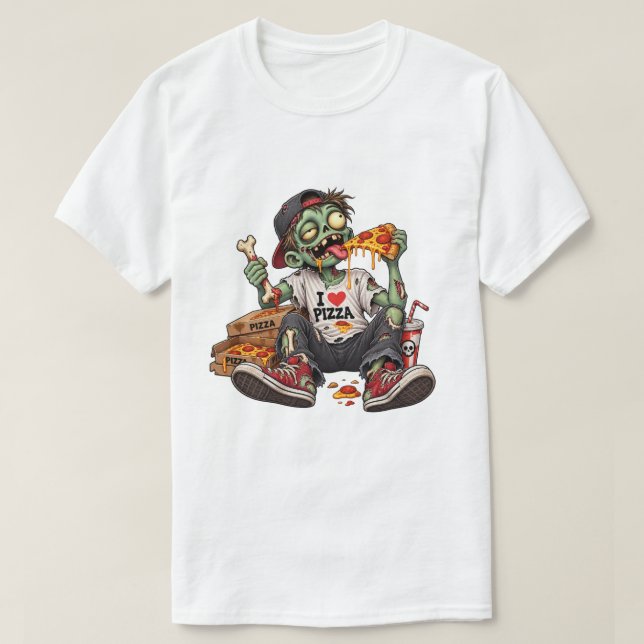 T-shirt Zombie mangeant une pizza Halloween (Design devant)