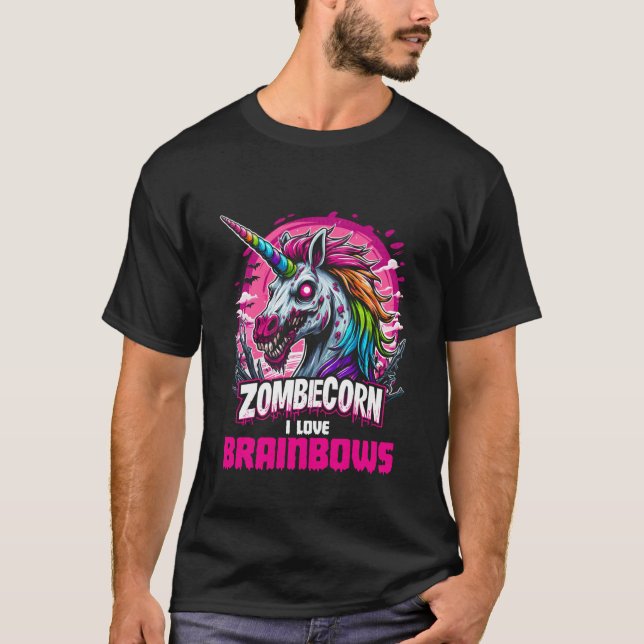 T-shirt Zombie Unicorn Brains Gothic Funny I Love Brainbow (Devant)