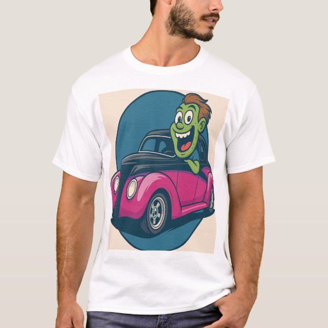 T-shirt Zombie Zipper: Cartoon Ghoul Cruising in a Hot Rod (Devant)