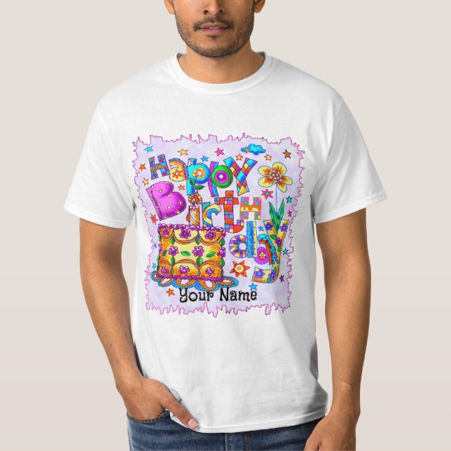 T-shirts avec gâteau d'anniversaire heureux (Devant)