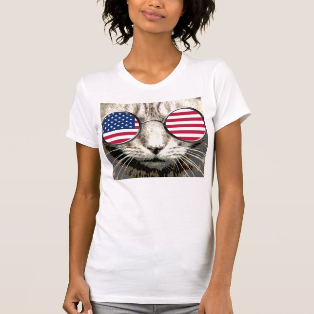 T-shirts drôle de chat patriotique, lunettes de (Devant)
