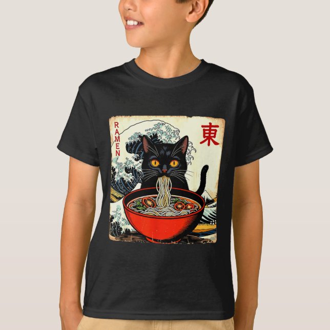 T-shirts graphiques drôles japonais Ramen de chat  (Devant)
