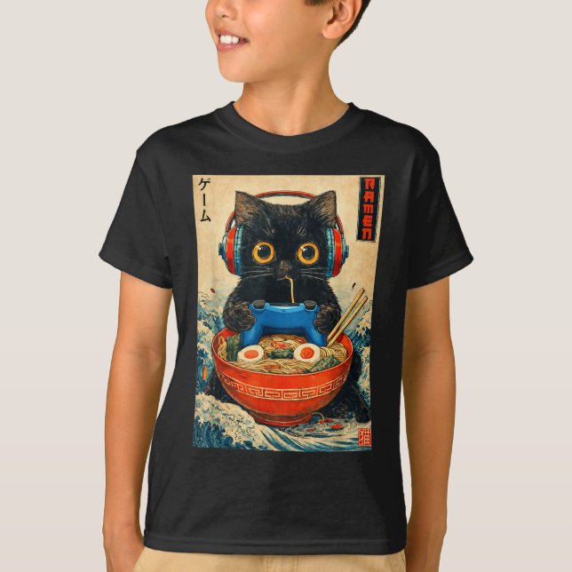 T-shirts graphiques drôles japonais Ramen de chat  (Devant)