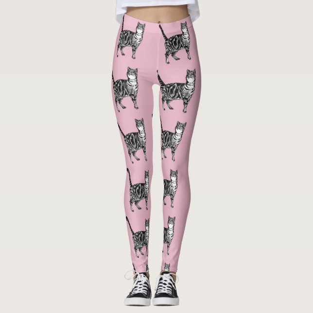Tabby Cat Animal Leggings noir et rose (Devant)