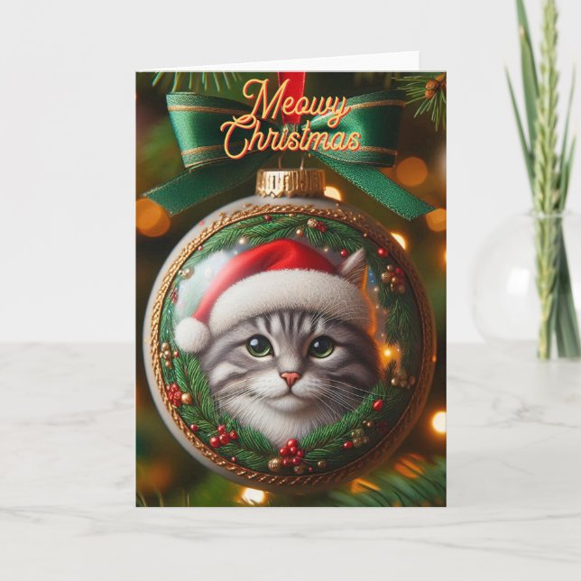 Tabby gris chat sur la carte de Noël de l'ornement (Devant)