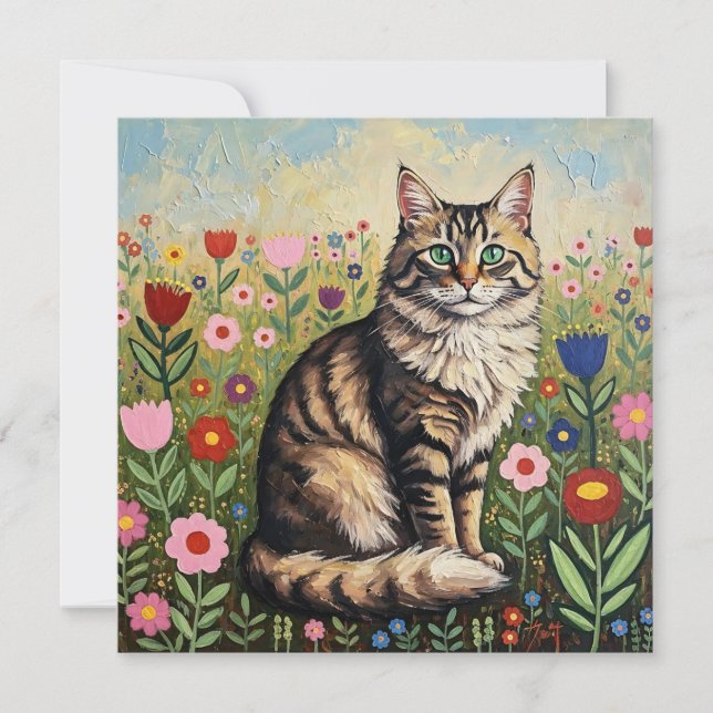 Tabby Gris Fluffy Chat et Fleurs d'Art Folk (Devant)