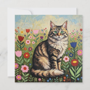 Tabby Gris Fluffy Chat et Fleurs d'Art Folk