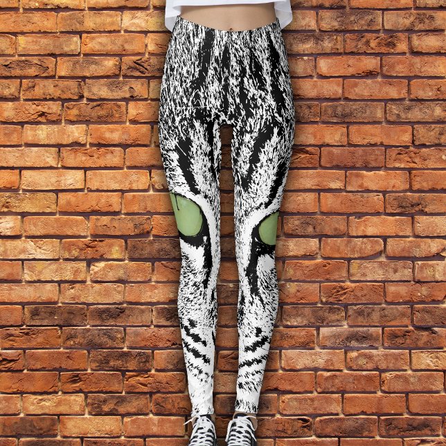 Tabby Vert Tête Chat Faux Aquarelle Leggings (Créateur téléchargé)