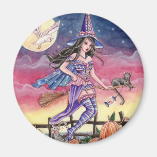 Tabitha - Magnet de sorcière, chats et hibou