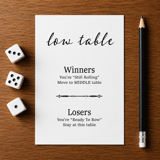 Table basse carte Bunco noir et blanc moderne (Low Table Card:
Modern script black and white Bunco Low Table card.)