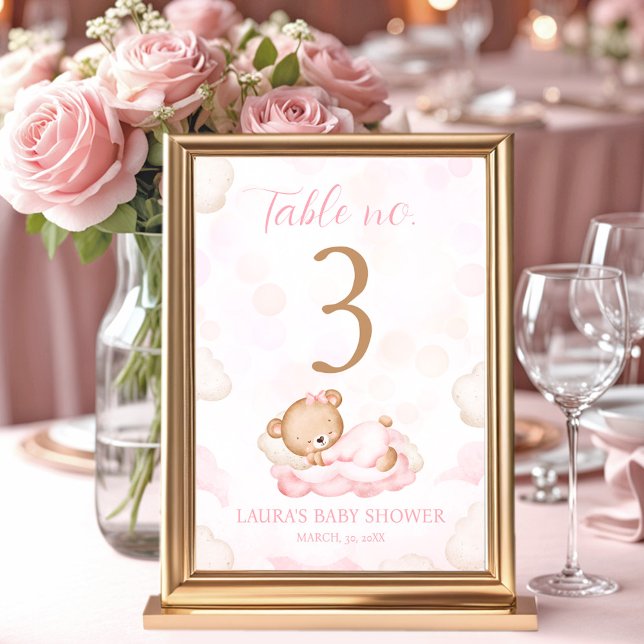 Table Bear Pink Girl Baby shower Numéro de tableau Signa (Bear Pink Girl Baby Shower Table Number Sign)