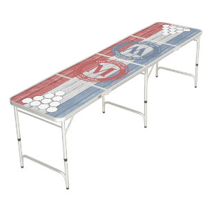 Table Beerpong Monogramme Cercle Pyramide Rouge Blanc Bleu Bois