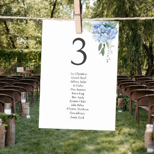 Table Bleu sur blanc Hydrangea Liste d'invités Numéro de