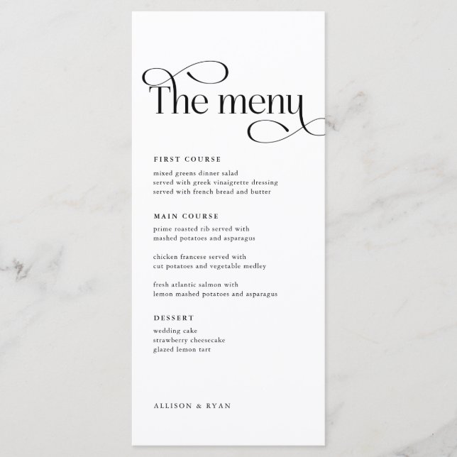 Table de mariage classique élégant Cartes de menu (Devant)