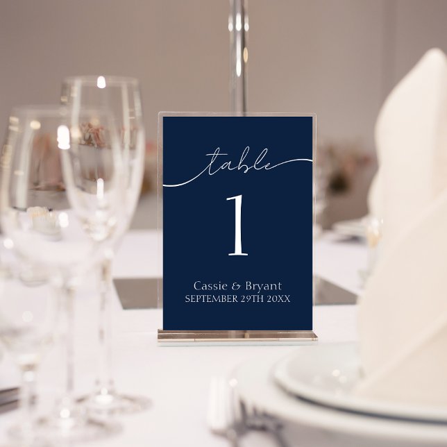 Table Élégant Mariage bleu marine Numéro de tableau (Elegant Navy Blue Wedding Table Number Sign In Modern Acrylic Stand)