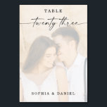 Table Élégant Mariage de photo Script Numéro de tableau<br><div class="desc">Ce design présente une belle photo de votre choix. Cliquez sur le bouton "Cliquez pour customiser plus loin" pour modifier la couleur du libellé du script. Déplacer l'image au-dessus des calques superposés vers le centre. Voir la collection entière pour plus d'articles correspondants !</div>