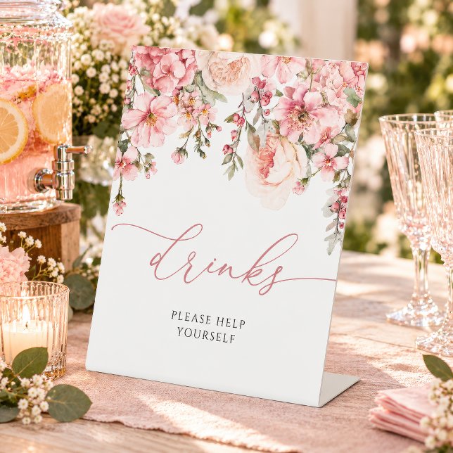 Table Fleurs d'hydrangea rose Signe de Boissons de Maria (Pink Hydrangea & Blush Roses Drinks Bridal Shower Sign, please help yourself, pedestal display)