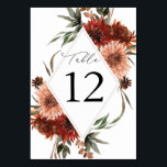 Table Flores de la Terre rustique Numéro de tableau<br><div class="desc">Habille tes tables de mariage ou de fête avec toi Carte Rustic Earth & Champagne Florals Numéro de table. Ce numéro de tableau rustique est composé de fleurs d'aquarelle peintes à la main, de pêches, de champagne beige, crème et de terre cuite bordeaux. La collection a été baptisée Rustic Earth...</div>