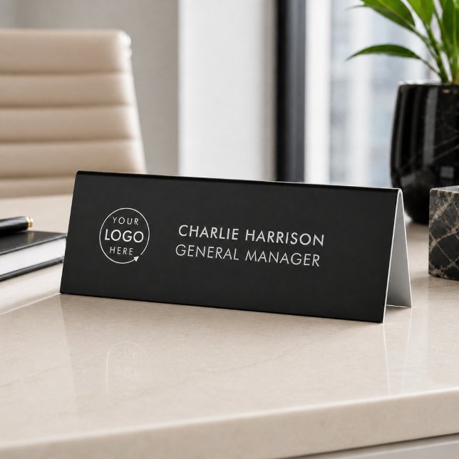 Table Logo d'entreprise | Plaque de bureau noire moderne (Black company branded nameplate table tent desk signs for small business employee & office signage.)