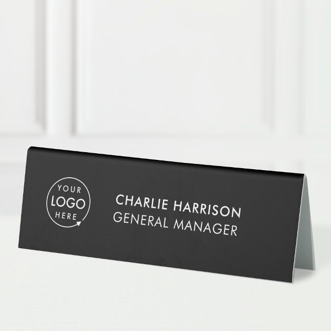 Table Logo d'entreprise | Plaque de nom de bureau noir m (Black company branded nameplate table tent desk signs for small business employee & office signage.)