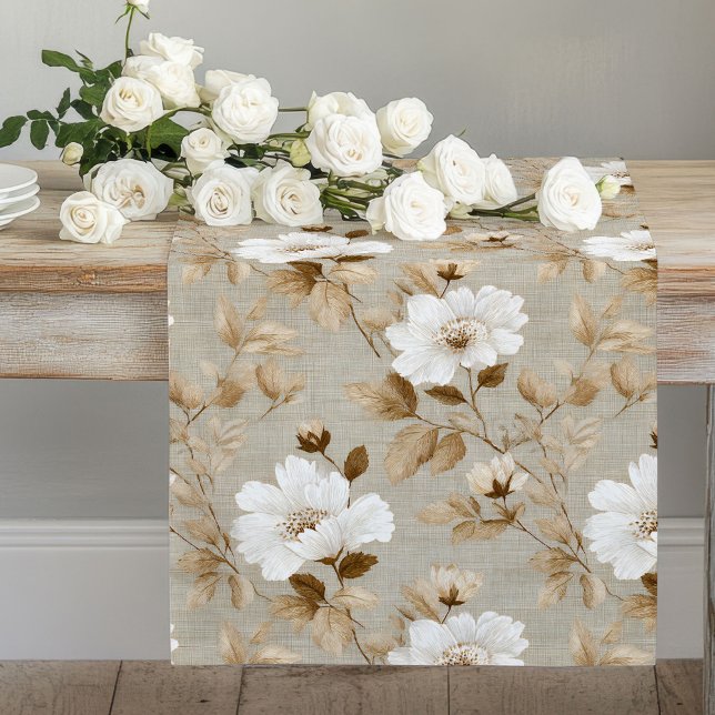 Table Long Couleur Ivoire Beige Fleurs Blanches Chemin de Tab (Ivory Beige White Flowers Earthy Table Runner)