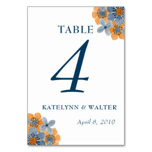 Table Mariage des fleurs bleues et orange Numéro de tabl