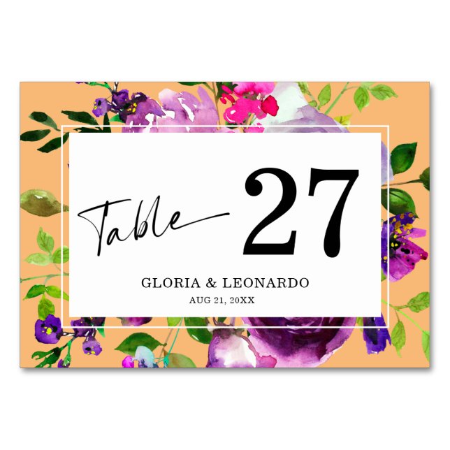 Table Mariage floral violet romantique Numéro de tableau (Devant)