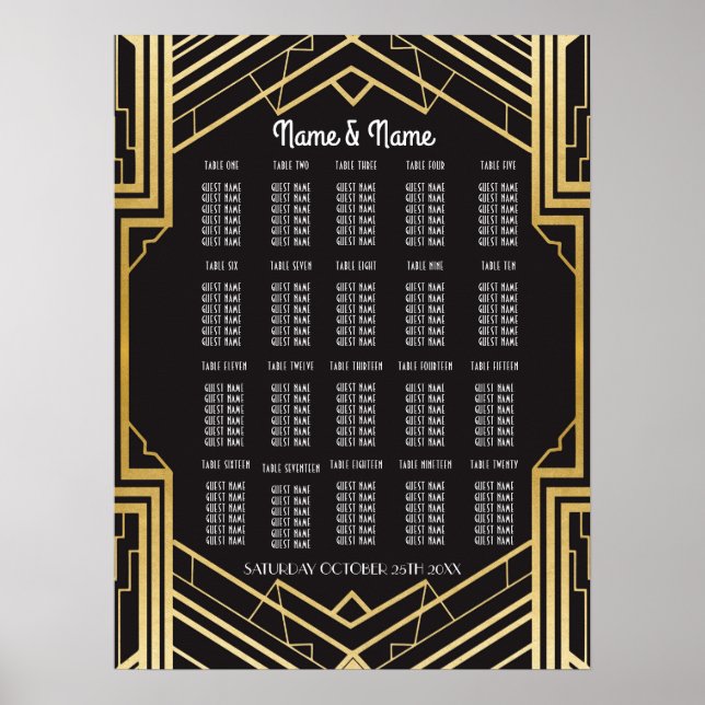 Table Mariage Gatsby Art Déco Poster 20 places (Devant)