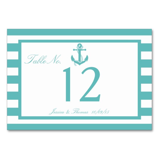 Table Numéro de Mariage d'Ancre de bande turquoise marin (Devant)