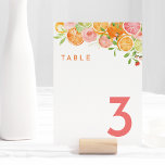 Table Numéro de tableau du Mariage d'aquarelle Citrus<br><div class="desc">Élevez votre mariage avec notre Mariage d'aquarelle Citrus dynamique Conception de numéro de table, où chaque détail déborde de charme tropical et de joie colorée. Laissez-vous tenter par la beauté rafraîchissante d'arrière - plans blancs ornés d'aquarelles animées avec des oranges, des citrons, des pamplemousses roses et des fleurs roses délicates...</div>