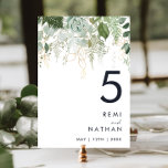 Table Numéro de tableau Feuille verte et or<br><div class="desc">Nous avons conçu ce numéro de table vert et feuille d'or pour compléter votre mariage boho simple mais élégant. Il présente des feuilles modernes d'eucalyptus vert et blanc, du feuillage de fougères, une fleur succulente et un minimum de feuilles de feuille d'or. Ces éléments donnent l'impression d'une forêt enchantée d'aquarelle...</div>