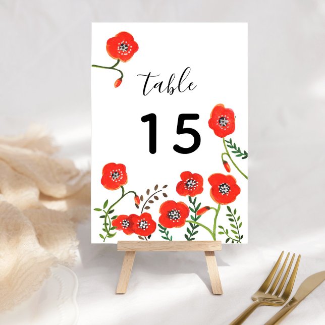 Table Pavot rouge moderne fleurie mariage numéro de tabl (Red poppies modern floral wedding table number)