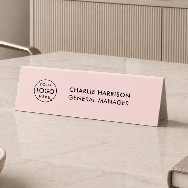 Table Plaque de nom de bureau | Enseigne de tente de tab (Pink company branded nameplate table tent desk signs for small business employee & office signage.)