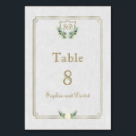 Table Royal Gold Crest Lush Greenery Numéro de tableau<br><div class="desc">Symbole de l'élégance, de l'abondance et de la noblesse ! Carte unique avec une crête de feuille en faux or Royal, un cadre délicat, des branches d'olivier avec une fleur blanche, sur un arrière - plan texturé blanc. Utilisez l'outil Personnaliser pour ajouter vos informations. Pour les articles correspondants, veuillez visiter...</div>