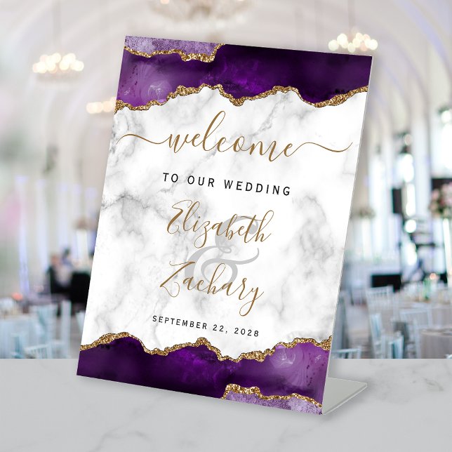 Table Signe de bienvenue de mariage en marbre d'agate or (Créateur téléchargé)