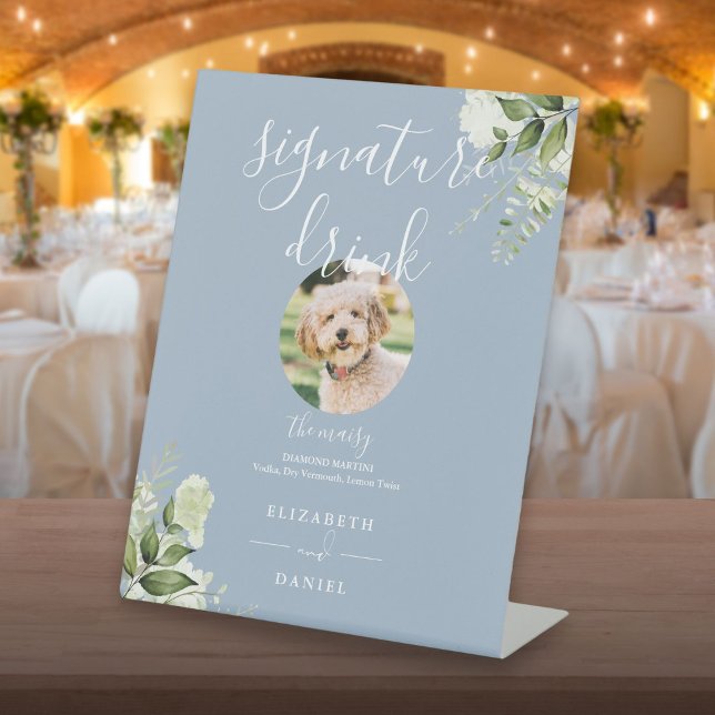Table Signe de boisson signature pour animaux de compagn (Dusty Blue Greenery Wedding Pet Signature Drink Pedestal Sign)