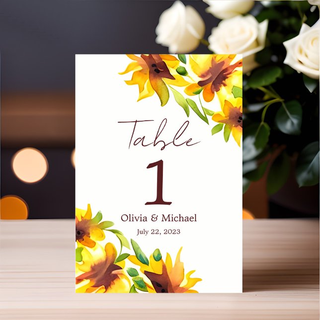 Table Sunflower Elegant Aquarelle Mariage Numéro de tabl (Créateur téléchargé)