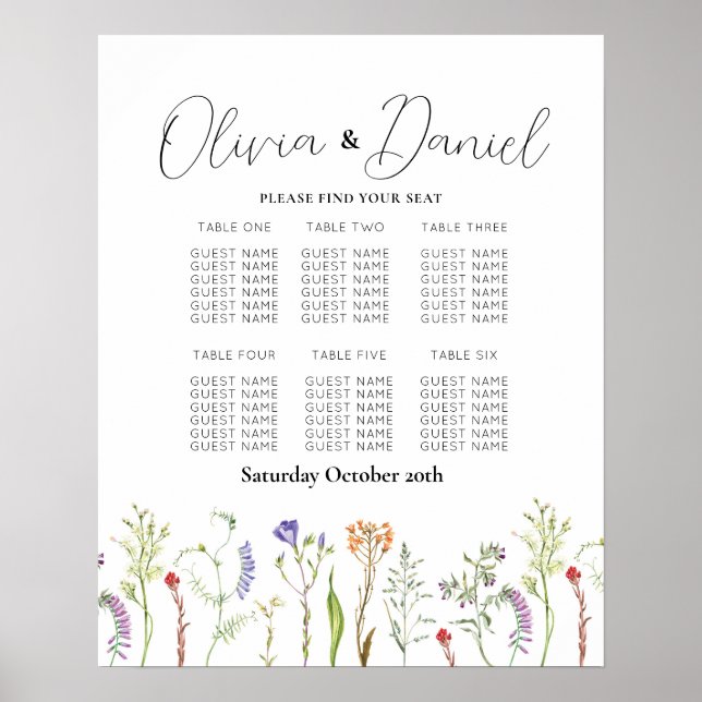 Tableau 6 Plan de siège Fleurs sauvages Mariages (Devant)