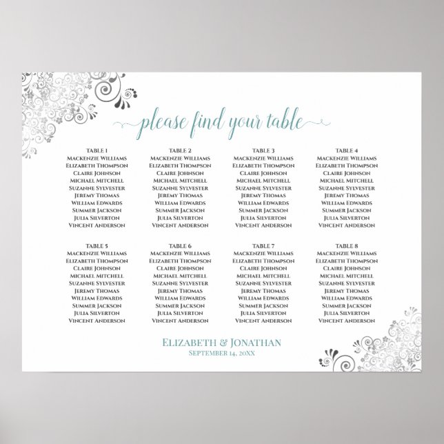 Tableau 8 Blanc et Turquoise Frilly Mariage Siège (Devant)