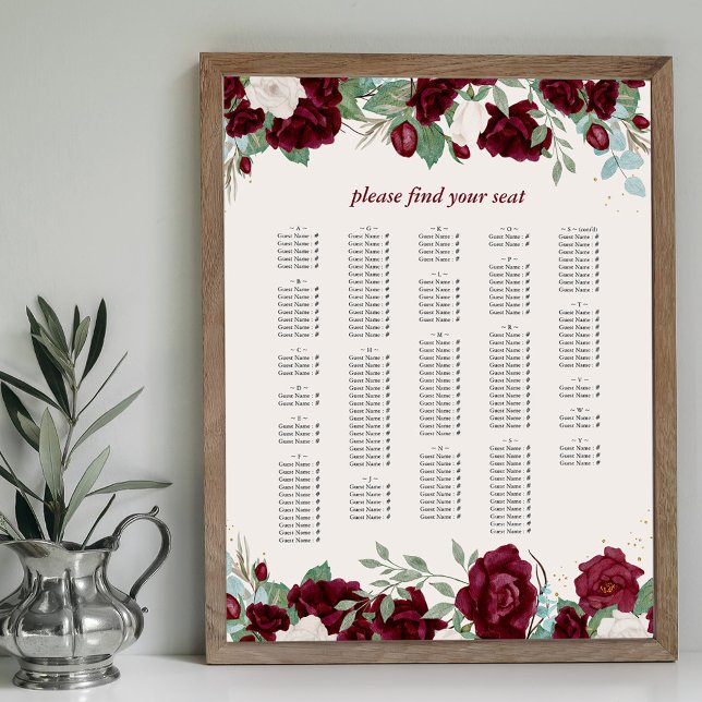Tableau alphabétique des sièges des roses rouges d (Alphabetical Seating Chart with burgundy red rose borders. Available printed or printable download)