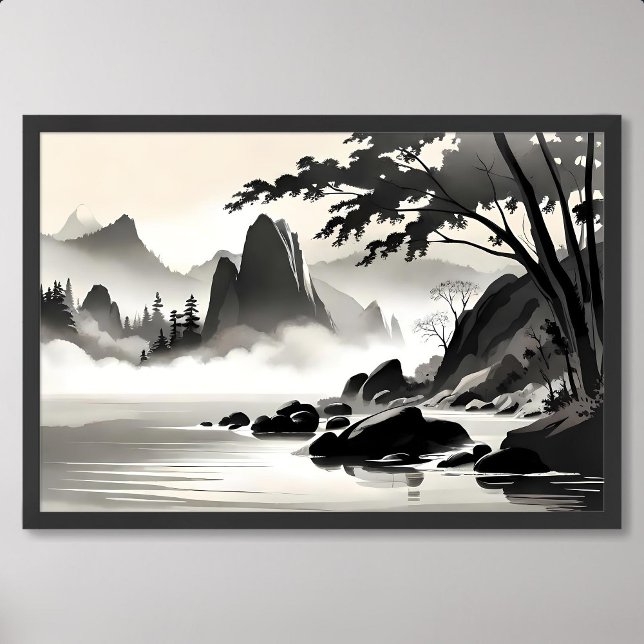 tableau classique paysage rocheux rivière noir bla (classic painting landscape rocky river black white)