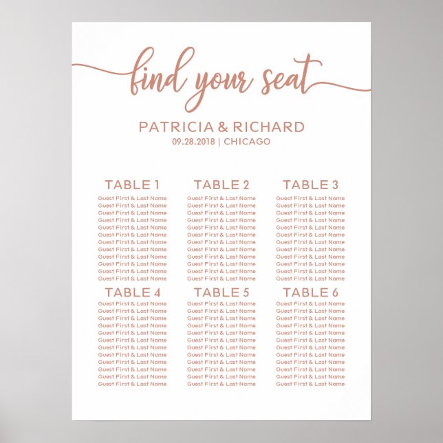 Tableau de disposition de mariage 6 tables Rose Go (Devant)