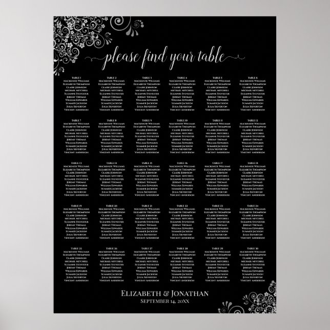 Tableau de disposition de mariage à 30 tables noir (Devant)