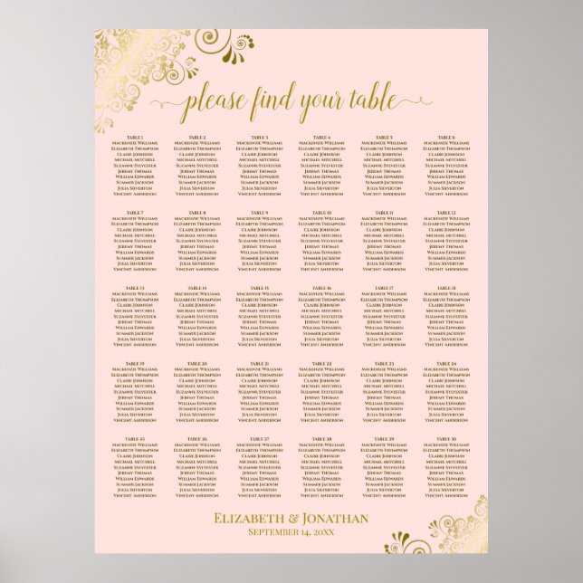 Tableau de disposition de mariage à 30 tables Rose (Devant)