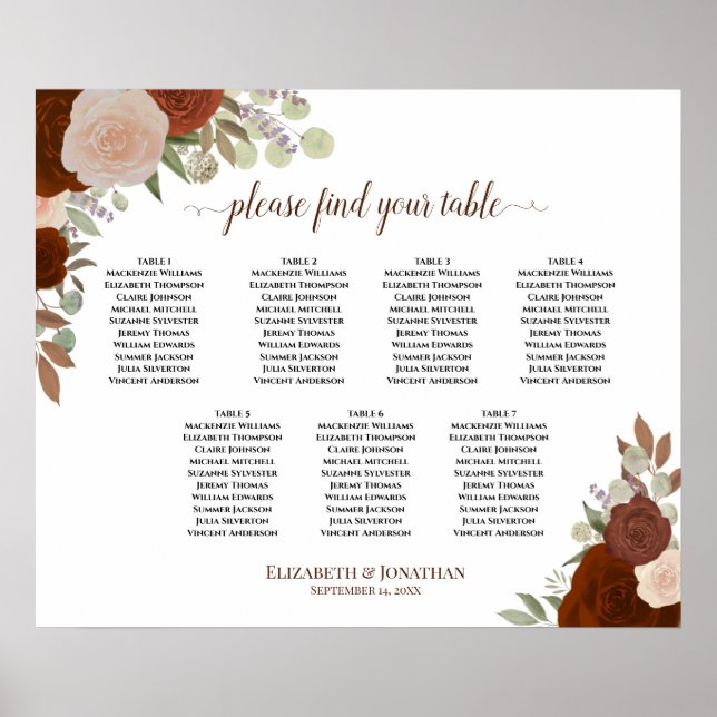 Tableau de disposition de mariage aux roses orange (Devant)